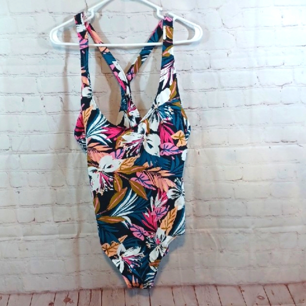 Y2K Kona Sol  Beachy Tropical  Bold Floral One Piece Bathing Suit XL